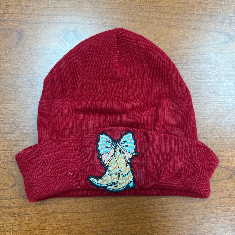 Women’s Red Beanie with Boot Patch